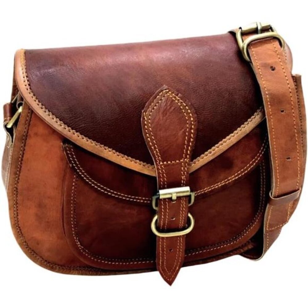 Women Vintage Style Genuine Brown Leather Crossbody Satchel Bag
